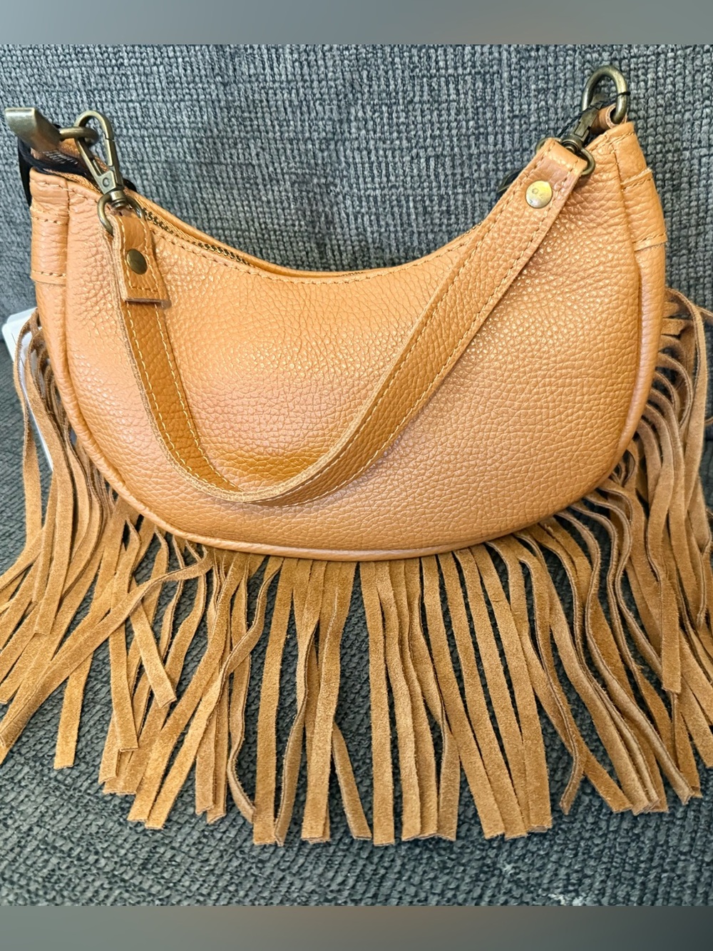 Pebbled Leather Mini Fringe Shoulder Bag - Tan NWT